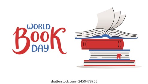 World Book day web banner. Open book stack. Invitation background for readers. Hand drawn lettering. Education and School. Horizontal Backdrop postcard, poster, template. Vector flat illustration