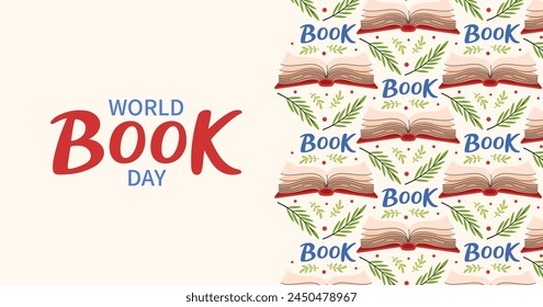 Anuncio de Web del Día Mundial del Libro. Patrón de libro abierto. Fondo de invitación para los lectores. Letra dibujada a mano. Educación y Escuela. Postal de telón de fondo Horizontal, póster, Plantilla. Ilustración plana de Vector