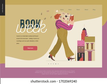 Plantilla de diseño web del Día Mundial del Libro - reservar eventos de la semana. Moderno concepto vectorial plano ilustraciones de la lectura de la gente -un hombre de cabello rojo que usa vinatge, camina, come helado, lee un libro