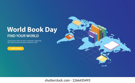 world book day website banner design with world maps and book network across the worlds vector illustration