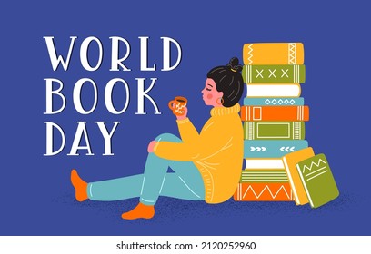 World Book Day. Woman reading books, drinking coffee, or tea with hand drawn lettering. Education, library, literature concept.