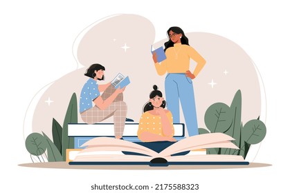 World book day. Women read, useful hobby. Love for literature, poems and stories. Students preparing for test or exam. Metaphor of distance learning and education. Cartoon flat vector illustration