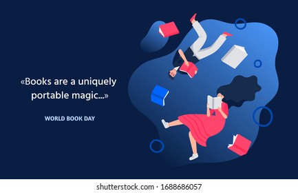 World Book Day. Young man and woman read books. People flying in book space. Education concept with a quote about books. Vector flat illustration.