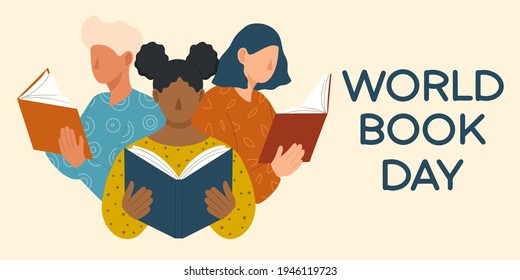 World Book Day. Young people different nationalities and cultures reading books. Book lovers, fans of literature. Flat vector illustration isolated on white background.