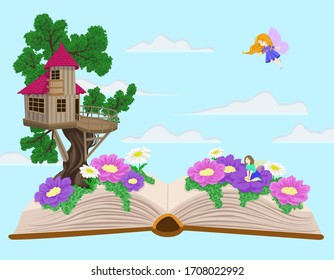 world from a book. Elven house, large beautiful flowers grow nearby. One fairy sits in a flower, the second flies.