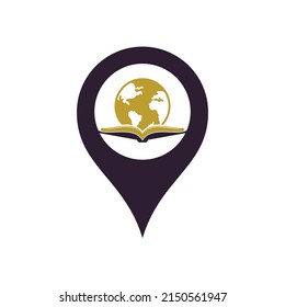 Vector de diseño del logotipo del concepto de la forma de gps del libro mundial. Logo del globo educativo. Globo con diseño de iconos de libro.