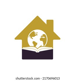 World Book Home Form Konzept Logo Design Vektor. Bildungsglobe-Logo. Globe mit Büchersymbol-Design.