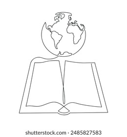 World in the book in one continuous line. One line drawing, minimalism. Vector illustration.