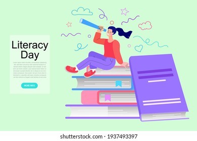 World book reading or literacy day banner. Book market or fair concept. Online reading. Back to school. College and university concept vector illustration.