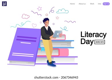 World book reading or literacy day banner. E-learning, online education or home schooling concept. People using computer for courses or tutorials. Online reading. Flat Vector illustration.