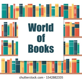 World of books concept. Book shelves with multicolored book spines. Books on a shelf. Vector illustration in flat style