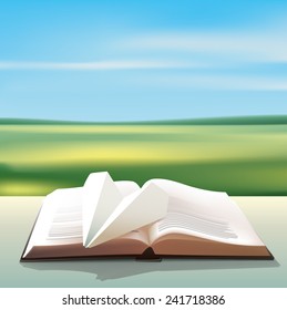 World of Books Open book and a paper plane on a background of meadows. Vector.