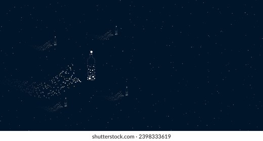 A the world in a bottle symbol filled with dots flies through the stars leaving a trail behind. There are four small symbols around. Vector illustration on dark blue background with stars