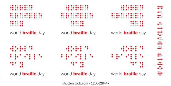 Día mundial de braille. Diversión de los vectores
mensaje con el logo de la celebración graciosa Leer el día ciego el código braille texto en braille tocar el dedo de la mano de alivio Louis Braille france Discapacidad de la discapacidad Coupvray