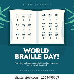 World Braille Day. Braille Day awareness social media post with book of Braille language. Braille alphabet book. Blind or visually impaired language dots or alphabet