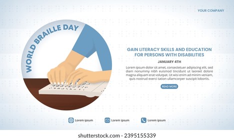 World Braille Day background with hands reading a braille book