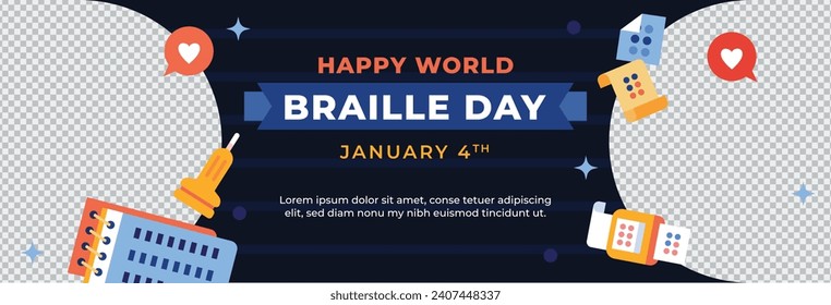Fondo del Día Mundial de Braille. 4 de enero. Celebración del Día Mundial de Braille. Plantilla de diseño de ilustración de vectores de dibujos animados para afiches, pancartas, entradas, volantes, tarjetas, carátulas. Alfabeto Braille.