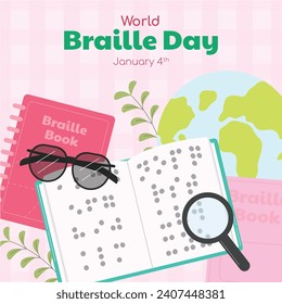 Fondo del Día Mundial de Braille. 4 de enero. Celebración del Día Mundial de Braille. Plantilla de diseño de ilustración de vectores de dibujos animados para afiches, pancartas, entradas, volantes, tarjetas, carátulas. Alfabeto Braille.