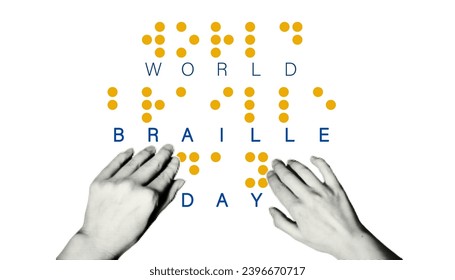 World Braille Day banner, January 4. Halftone hands reading text made by braille alphabet signs. Fingers touching the relief quote for blind. Vector illustration isolated on white background