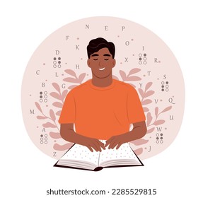 World Braille Day. Black smiling blind man reading something in braille. November 13 is International Day of the Blind.