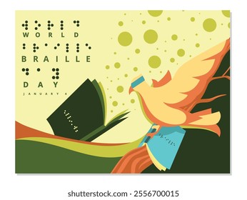 World Braille Day Celebrated With A Bird And Books background, An illustration commemorating World Braille Day featuring a bird holding books with braille script.