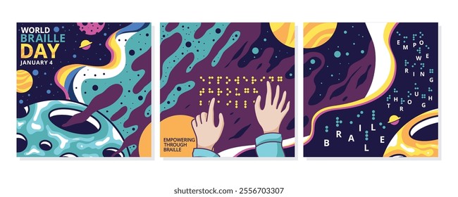 World Braille Day Celebrated Through Empowering Designs, Social Media Post Flat Cartoon Hand Drawn Templates Illustration Space planet theme