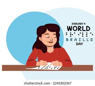 World braille day commemorative banner, young blind girl reading a braille book.