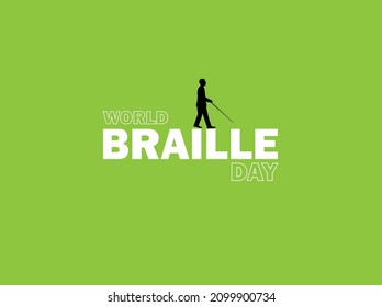 world braille day. Conceptual Banner Design for World Braille Day. Editable Illustration of A Walking Blind Person with Cane. Green Background