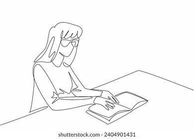 World Braille Day. Continuous line drawing of beauty woman try to read braille language from book. Sit in public library to learn reading ability. 