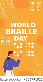 A World Braille Day design featuring Braille dots, a visually impaired person reading, and an orange background, emphasizing inclusivity and accessibility for all