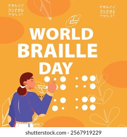A World Braille Day design featuring Braille dots, a visually impaired person reading, and an orange background, emphasizing inclusivity and accessibility for all