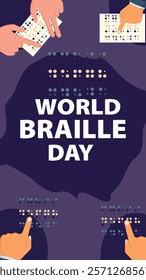 A World Braille Day design featuring hands reading Braille on a dark background with tactile text, promoting inclusivity and the importance of Braille literacy