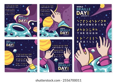 World Braille Day Empowering Through Braille Celebrated January Fourth, Social Media Post and stories Flat Cartoon Hand Drawn Templates Illustration Space planet theme