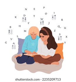 Día Mundial de Braille. Niños ciegos felices leyendo algo en braille. Ilustración plana del vector