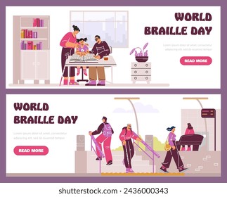 World Braille Day highlighted in a vector set featuring a family learning braille and individuals using mobility aids in urban settings