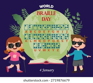 Illustration zum Welt-Braille-Tag mit Braille-Alphabetkarte, Kindern mit weißen Zuckerstangen, offenem Buch und globalem Hintergrund, die Zugänglichkeit, Inklusion, Bildung und Bewusstsein fördert.
