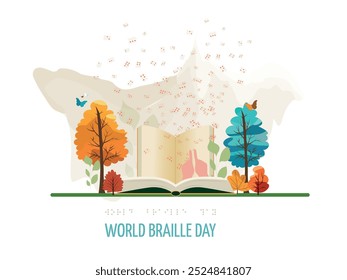 Ilustración del Día Mundial en Braille con un libro abierto, hojas de otoño y puntos en Braille, destacando la inclusión y la accesibilidad en la educación