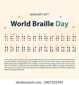 World Braille Day international holiday, 4th January with braille alphabetic system illustration on isolated background with world map.