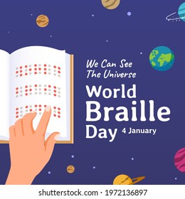 World Braille Day (January 4) Poster Banner With Hand, Planets And Stars. Conceptual Illustration Of Blind People See The World And Universe Through Braille