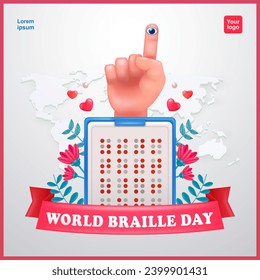 World Braille Day. Braille letters and index finger with eye and flower elements. Suitable for world blind day, greeting cards, posters, and banners as well as social media