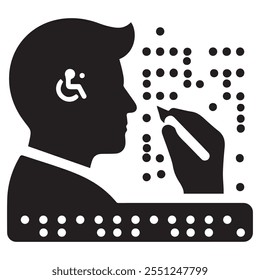 Dia Mundial do Braille, ícone de homem com fonte braille Uma mão lendo braille com vetor de fundo azul Design 12