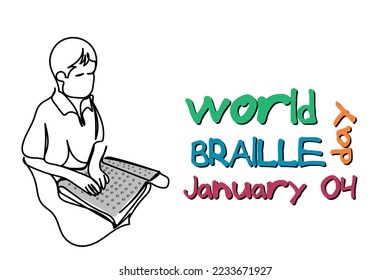World braille day observed every year on 4th of January. Continuous line art of a kid using braille. This has enlightened the world of visually impaired individuals and given them hope. Isolated art.