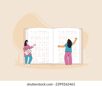 World Braille Day on 4th of January. Blind people learning and reading Braille. Vector illustration