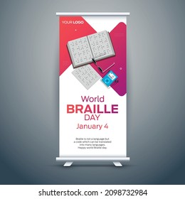 World Braille Day on January 04 roll up business brochure flyer banner design vertical template vector, cover presentation, modern publication x-banner and flag-banner.