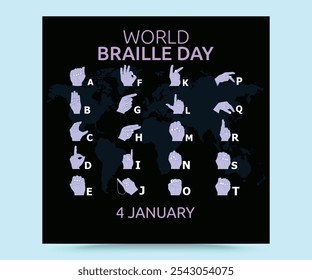 Día Mundial del Braille el 4 de enero con texto hecho con el alfabeto braille. La mano de un ciego leyendo un texto en braille toca el relieve. Día de los ciegos, día mundial de los ciegos, día de la educación.