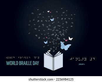 World Braille Day
Open book and out of it come out the letters on braille cards on a dark background and some butterflies flying.