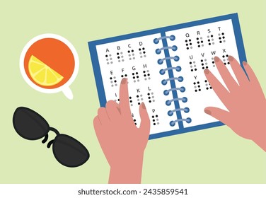Día mundial del braille. Persona aprendiendo a leer con los dedos. Alfabeto táctil con letras en libro de estudio. Ayuda para personas con discapacidad visual, concepto de vector decente