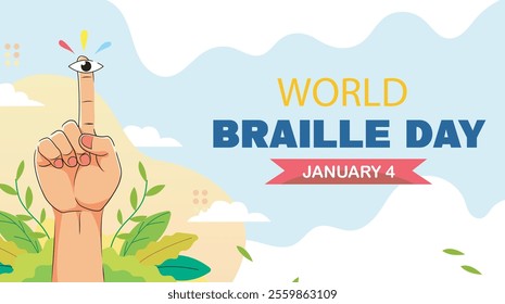 world braille day poster. celebration concept with pointing finger and eye symbol