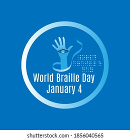 Día Mundial de Braille. Afiche o logo para la celebración anual del Día Mundial de Braille (4 de enero) con texto del Día Mundial de Braille hecho con alfabeto braille