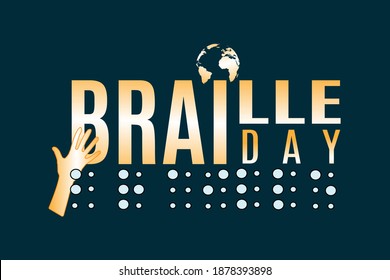 World Braille Day. Poster or logo for annual celebration of World Braille Day (January 4) with text World Braille Day made by braille alphabet
